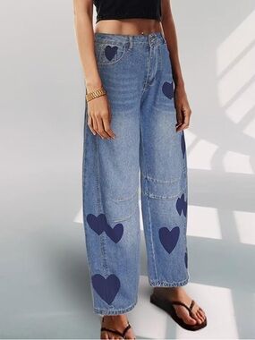 Chic Nation Light Blue Wide-Leg Denim Jeans with Navy Heart Accents